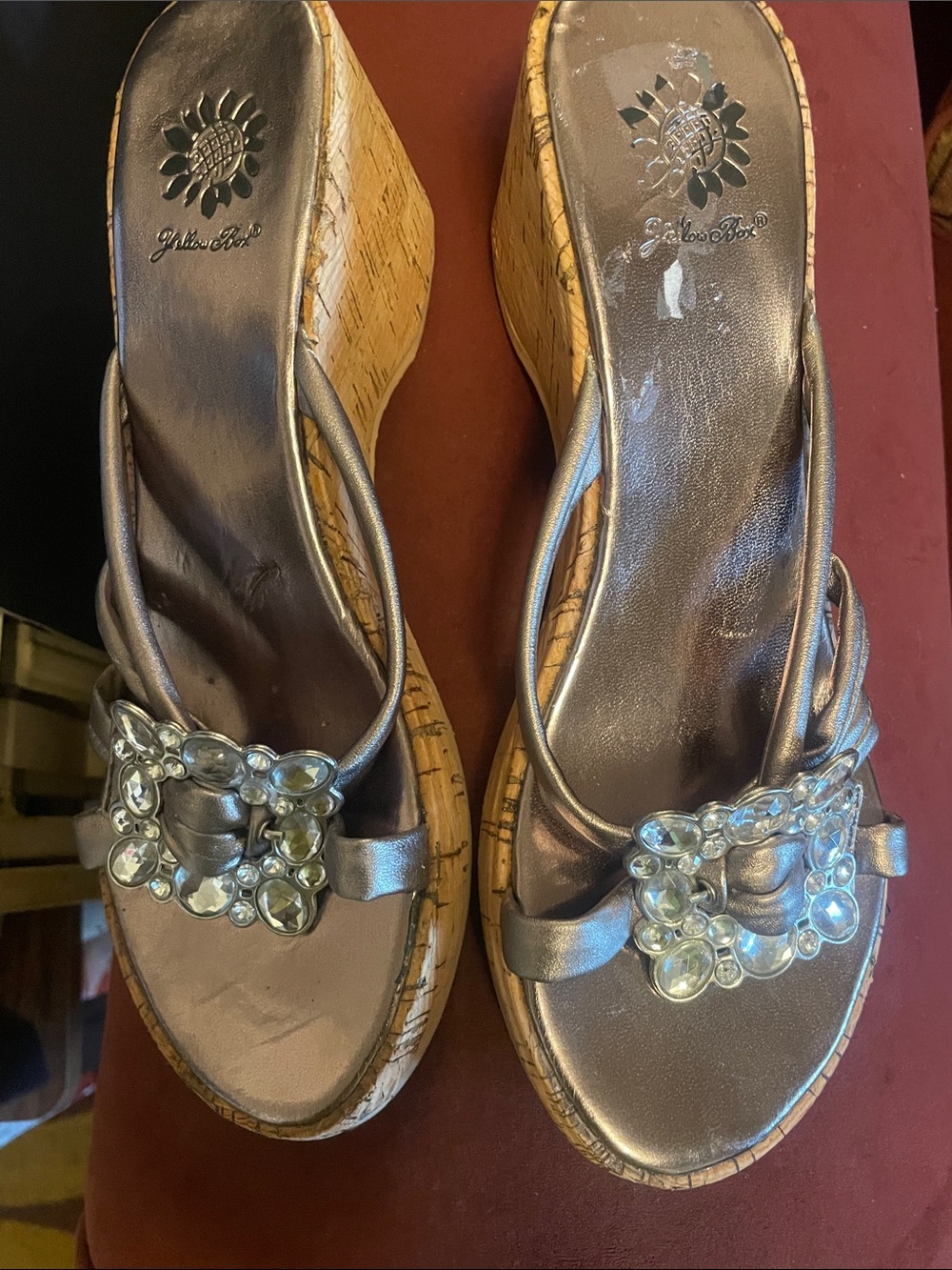 Yellow Box Metallic Silver Wedge Sandals with Gem Buckle